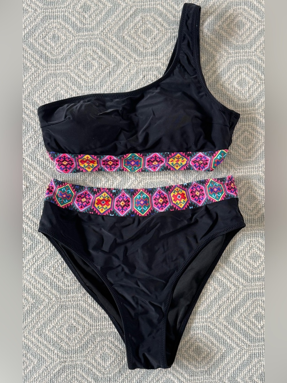 Popvil Womens Black One-Shoulder Two-Piece Swim Set with Colorful Trim (S)